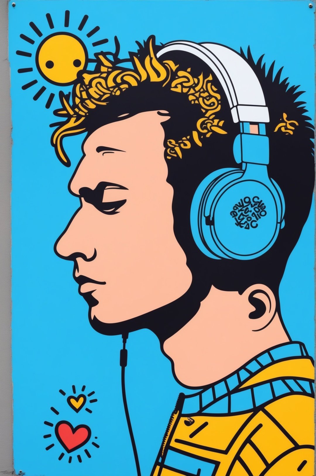 doodle in the style of a punk boys for cgart mayfly\(model\) sample test by Keith Haring, skateboarding, headphones, BREAK, sharpie illustration, solid colors, in the style of grunge beauty, mixed patterns, text and emoji installation