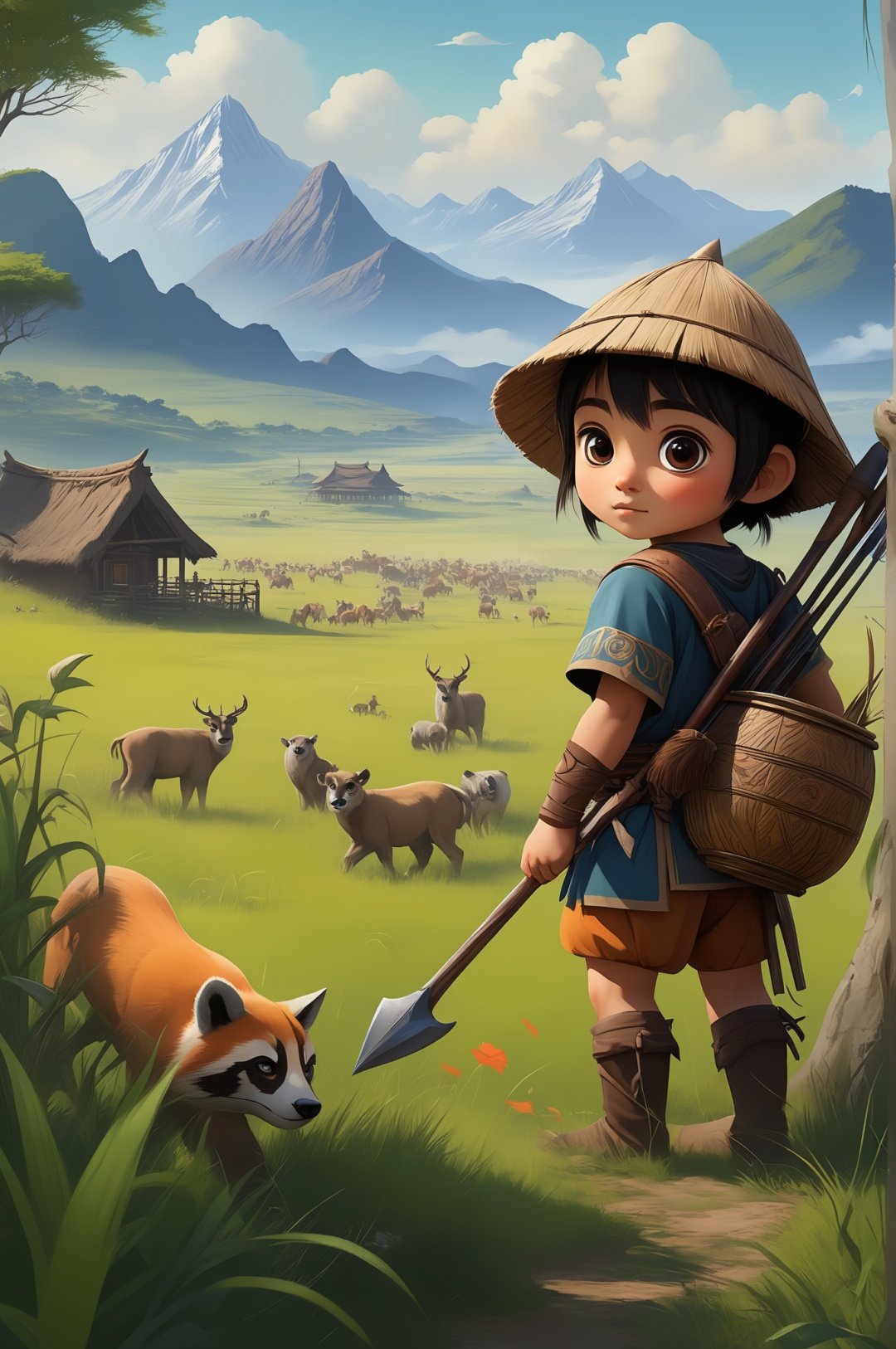 (Q version style: 1.5), Cute, big eyes, small figure (bright colors) The picture focuses on the moment when the Q version grass man warriors are hunting. They wore meadowmen's hunting attire and carried simple but sophisticated hunting weapons, such as wooden bows and stone javelins. People in the grassland quietly approach wild animals and prepare to launch a hunt. In the background are the vast grasslands and distant mountains, forming a primitive and wild hunting scene of grass people