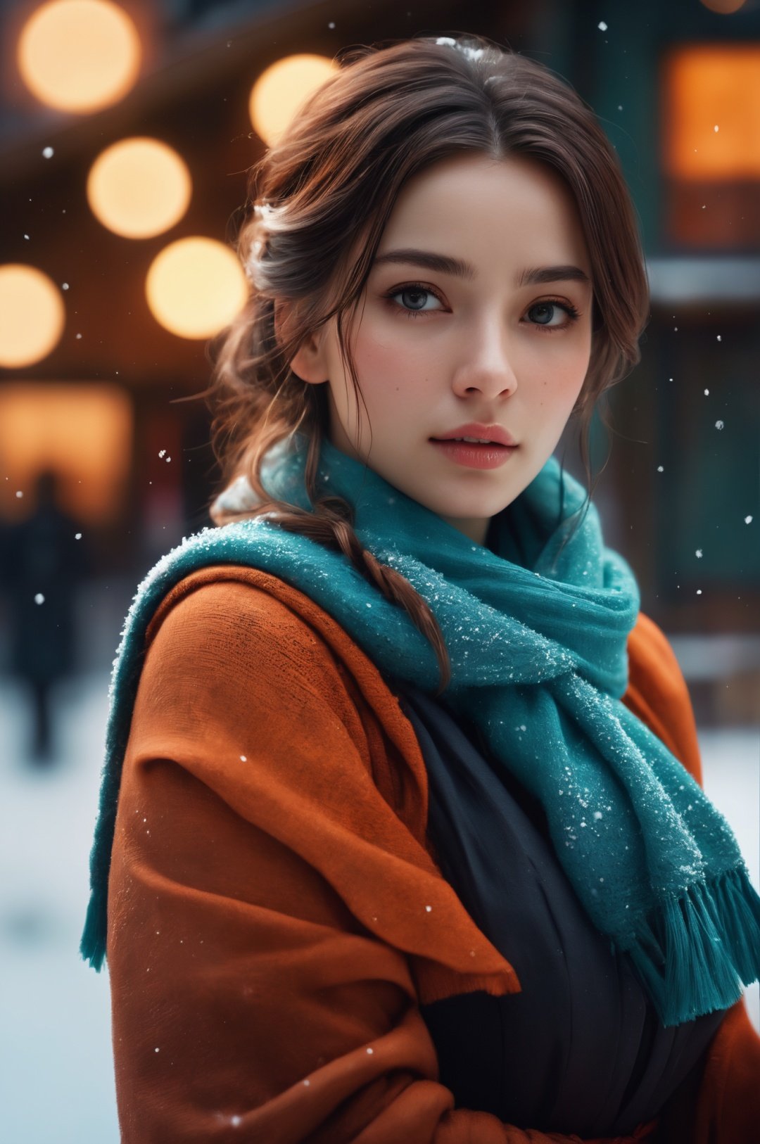 masterpiece,best quality,official art,extremely detailed CG unity 8k wallpaper,large breasts, 1girl, upper body, face close up,scarf, maid, snow shelter,exposure blend, medium shot, bokeh, (hdr:1.4), high contrast, (cinematic, teal and orange:0.85), (muted colors, dim colors, soothing tones:1.3)