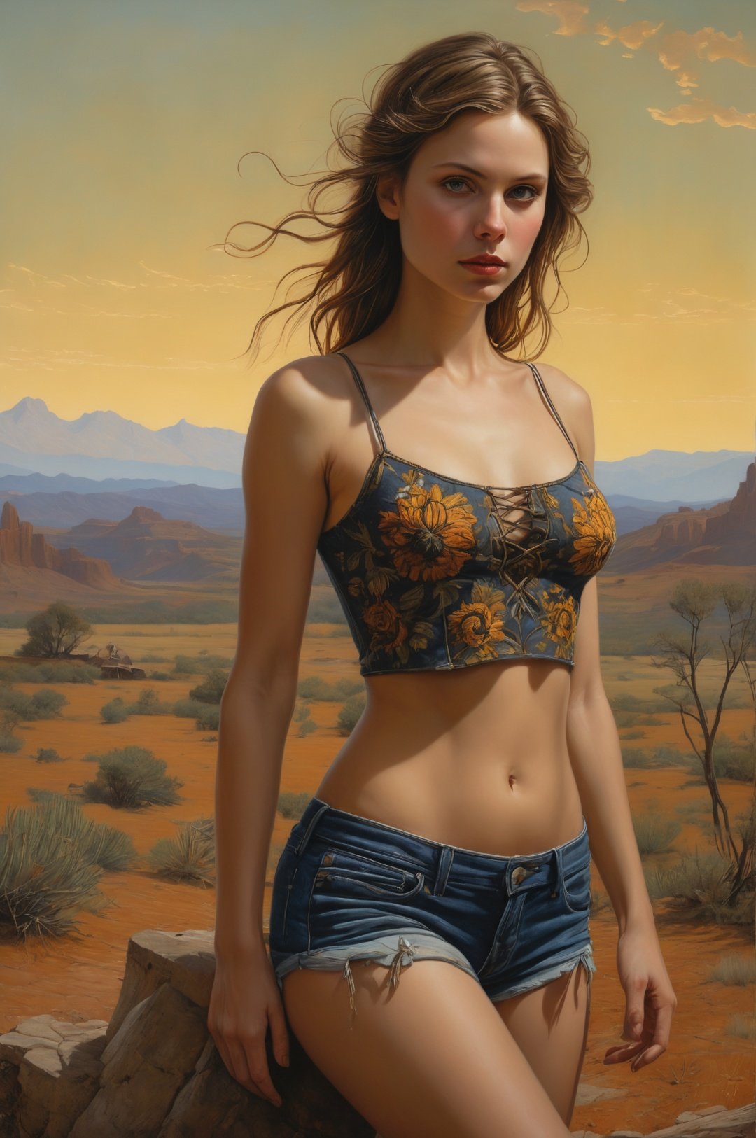 masterpiece,((best quality)),(illustration),(an extremely delicate and beautiful), psychedelic,Photojournalism,pectoral focus,Andrea Kowch,(Barclay Shaw:0.3),a painting by a female (hobgoblin | devil) girl, solo,cleavage,symmetry,[short shorts|clothes:0.6],[unrestricted view:0.1],Thin, The barren fields were scorched and battle-scarred,the remains of a fierce conflict frozen in time.,