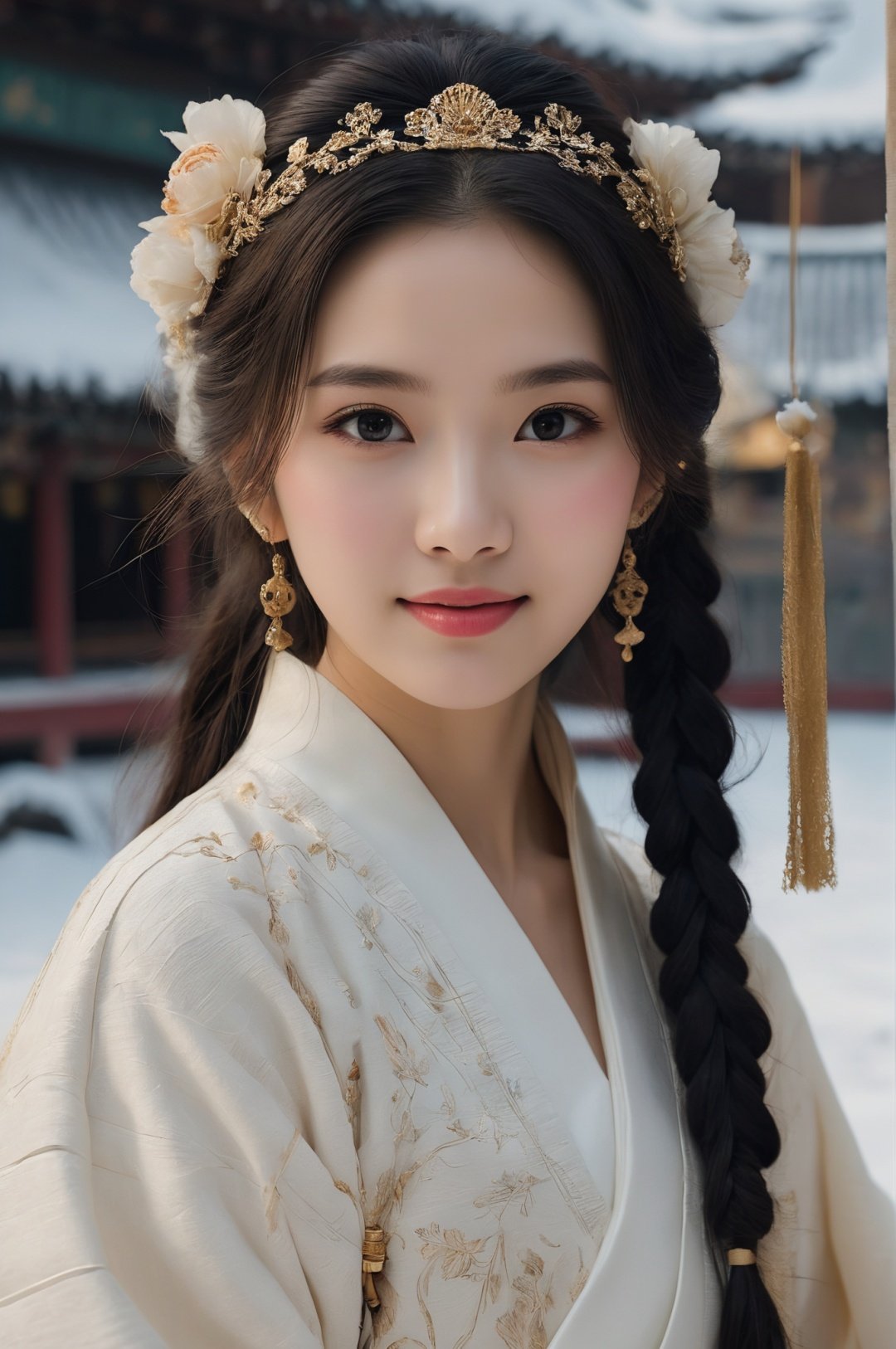 a girl for cgart_mayfly\(model\) test, in (pure white:1.5) dress, long hair cascading over her shoulders, winter hanfu, fur collar,(looking_at_viewer),smile. BREAK, adorned with a golden headband on her hair, which shone even more brilliantly in the snow. Her attire was like that of a fairy woman. she was only around 15 or 16 years old, with skin as white as snow, delicate and beautiful beyond words. BREAK,Snow, Edge lighting, the traditional Chinese boat, 35mm photograph, shot by Leica M50 f/2.8