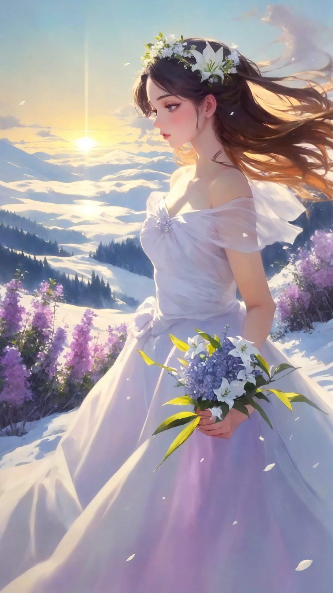  Bestquality, masterpiece, 1girl, beautiful_face, eyebrows_visible_through_hair, lily_\(flower\), dress, holding_flower, from_side, sparkling dress, Giant clove flower, Lilac flower, Lilac flower,Snow-capped mountains, sunshine mountains, golden sunshine, flowing skirts,（smoke）,Giant flowers,youhua