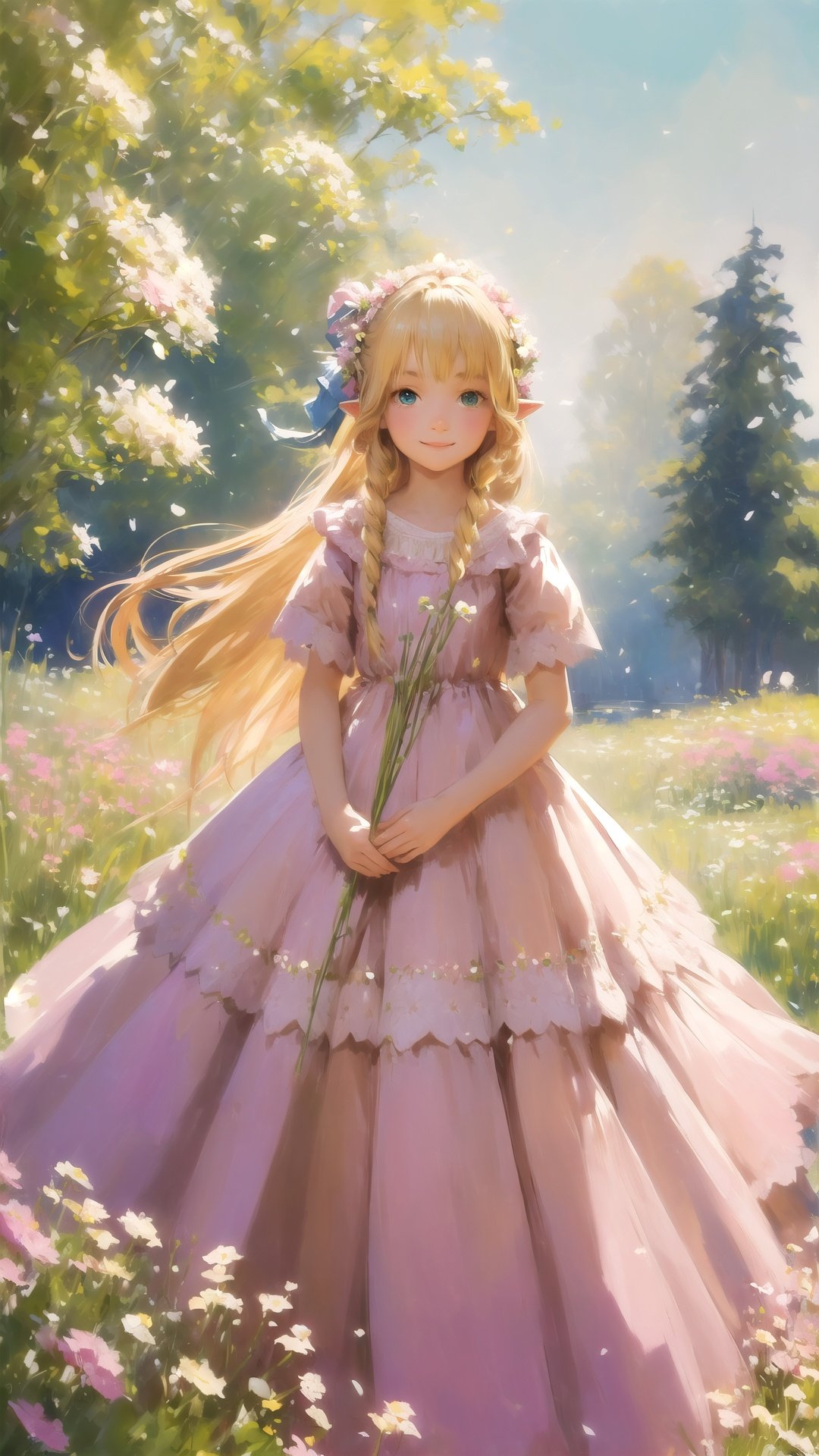  masterpiece,best quality,
(blonde hair),green eyes,loli,(kid, child:1),long hair,pointy ears,
smile,
lo dress,pink dress,Headdress,bow,frill,necklace,lace,
outdoors,blue sky,flower,flowers meadows,petals,
standing,Holding flowers in hand,
full body,
depth of field,youhua