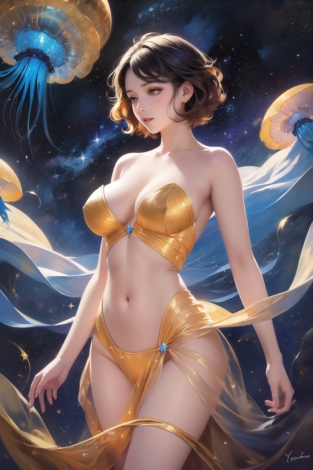  4K, HD, rich details, colorful, 1 girl, sexy, giant_breasts, perfect body, short hair, model, real, best quality, golden jellyfish, Starry colors swirling around, starry_sky,heaven's_melody,youhua