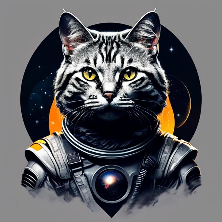 Astronaut cat, epic, cinematic, intense, ,T shirt design,TshirtDesignAF,<lora:TshirtDesign21Config4WithTEV2:1>