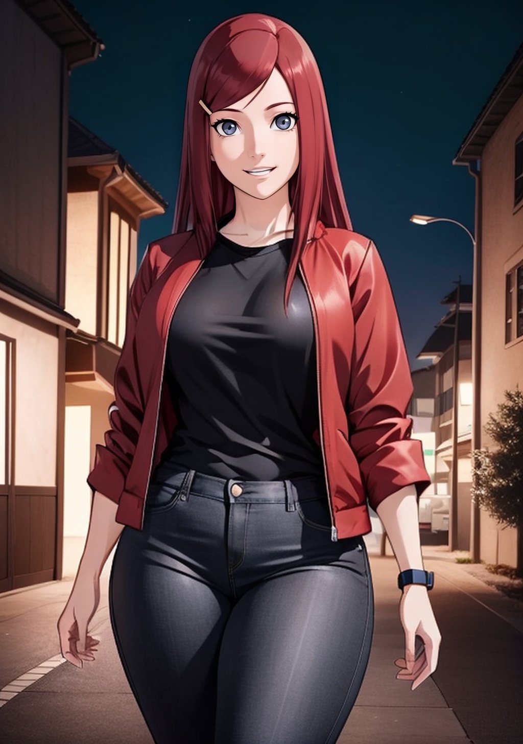  1girl, Kushina_NS, light smile, grey eyes, ((red hair)), hairclip, ((Kushina Uzumaki)), black shirt, black jeans, red jacket, curvy_figure, perfect eyes, masterpiece, best quality, 4K, HDR, cinematiclighting,Kushina_NS