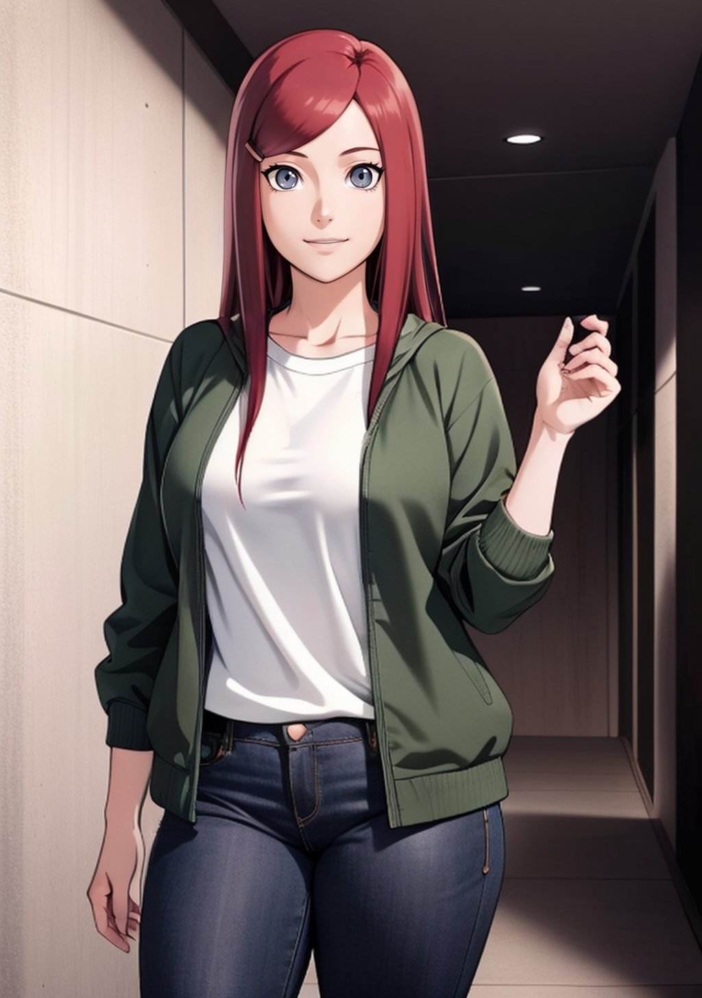  1girl, Kushina_NS, light smile, grey eyes, ((red hair)), hairclip, ((Kushina Uzumaki)), white shirt, black jeans, green jacket, curvy_figure, perfect eyes, masterpiece, best quality, 4K, HDR, cinematiclighting,Kushina_NS