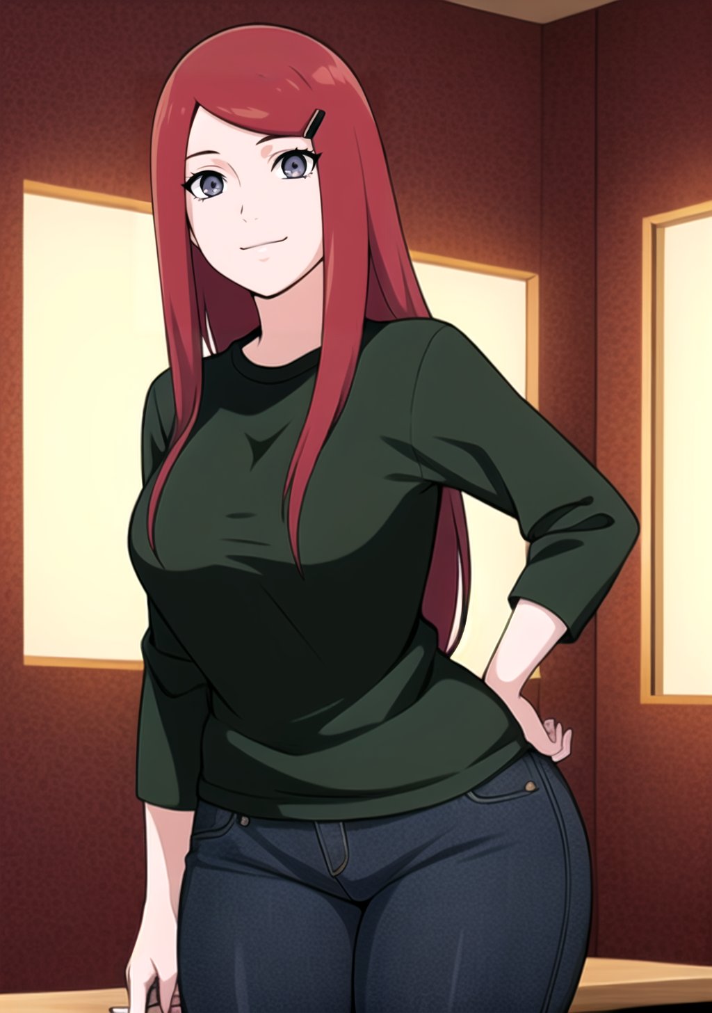  1girl, Kushina_NS, light smile, grey eyes, ((red hair)), hairclip, ((Kushina Uzumaki)), black shirt, black jeans, red jacket, curvy_figure, perfect eyes, masterpiece, best quality, 4K, HDR, cinematiclighting,Kushina_NS