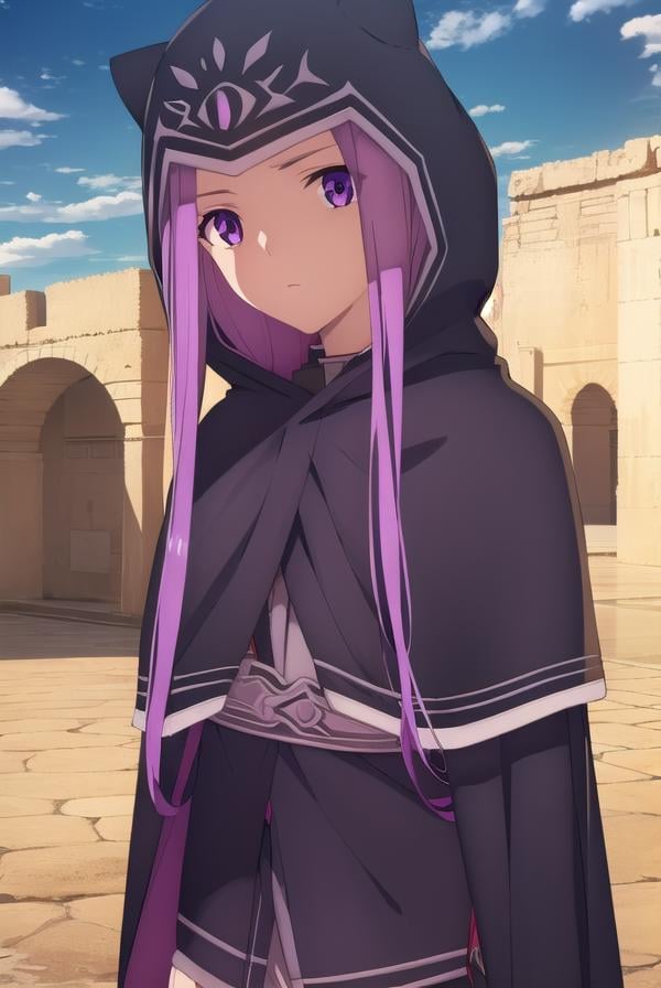 medusalily, <lora:medusa lily babylonia-lora-nochekaiser:1>,medusa lily, medusa \(fate\), long hair, (purple eyes:1.1), purple hair, sidelocks, braid, braided ponytail,BREAK thighhighs, gloves, black gloves, hood, (hood up:1.2), cape, capelet, cloak, black cape, black capelet, black cloak,BREAK outdoors, desert, oasis, sun, clouds,BREAK looking at viewer, (cowboy shot:1.5),BREAK <lyco:GoodHands-beta2:1>, (masterpiece:1.2), best quality, high resolution, unity 8k wallpaper, (illustration:0.8), (beautiful detailed eyes:1.6), extremely detailed face, perfect lighting, extremely detailed CG, (perfect hands, perfect anatomy),