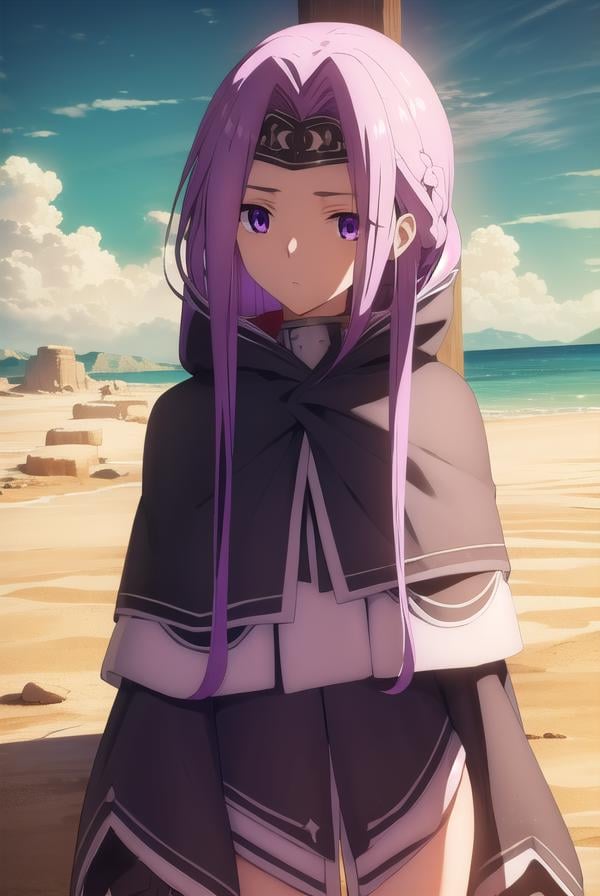 medusalily, <lora:medusa lily babylonia-lora-nochekaiser:1>,medusa lily, medusa \(fate\), long hair, (purple eyes:1.1), purple hair, sidelocks, braid, braided ponytail,BREAK braid, hood, collar, single braid, capelet, hood down, cloak, black capelet, tiara, (parted bangs:1.5),BREAK outdoors, desert, oasis, sun, clouds,BREAK looking at viewer, (cowboy shot:1.5),BREAK <lyco:GoodHands-beta2:1>, (masterpiece:1.2), best quality, high resolution, unity 8k wallpaper, (illustration:0.8), (beautiful detailed eyes:1.6), extremely detailed face, perfect lighting, extremely detailed CG, (perfect hands, perfect anatomy),