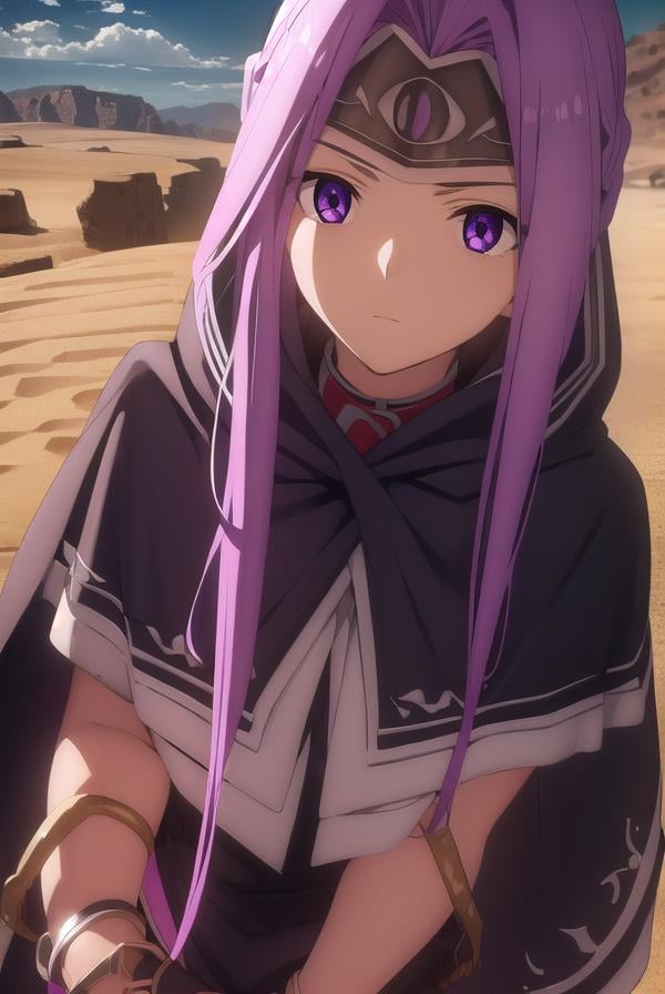 medusalily, <lora:medusa lily babylonia-lora-nochekaiser:1>,medusa lily, medusa \(fate\), long hair, (purple eyes:1.1), purple hair, sidelocks, braid, braided ponytail,BREAK braid, hood, collar, single braid, capelet, hood down, cloak, black capelet, tiara, (parted bangs:1.5),BREAK outdoors, desert, oasis, sun, clouds,BREAK looking at viewer, (cowboy shot:1.5),BREAK <lyco:GoodHands-beta2:1>, (masterpiece:1.2), best quality, high resolution, unity 8k wallpaper, (illustration:0.8), (beautiful detailed eyes:1.6), extremely detailed face, perfect lighting, extremely detailed CG, (perfect hands, perfect anatomy),