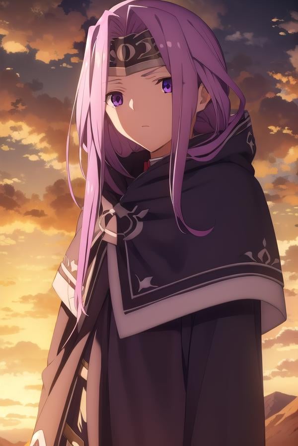 medusalily, <lora:medusa lily babylonia-lora-nochekaiser:1>,medusa lily, medusa \(fate\), long hair, (purple eyes:1.1), purple hair, sidelocks, braid, braided ponytail,BREAK braid, hood, collar, single braid, capelet, hood down, cloak, black capelet, tiara, (parted bangs:1.5),BREAK outdoors, desert, oasis, sun, clouds,BREAK looking at viewer, (cowboy shot:1.5),BREAK <lyco:GoodHands-beta2:1>, (masterpiece:1.2), best quality, high resolution, unity 8k wallpaper, (illustration:0.8), (beautiful detailed eyes:1.6), extremely detailed face, perfect lighting, extremely detailed CG, (perfect hands, perfect anatomy),