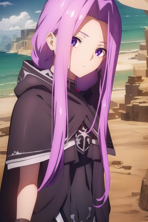 medusalily, <lora:medusa lily babylonia-lora-nochekaiser:1>,medusa lily, medusa \(fate\), long hair, (purple eyes:1.1), purple hair, sidelocks, braid, braided ponytail,BREAK thighhighs, gloves, black gloves, hood, (hood up:1.2), cape, capelet, cloak, black cape, black capelet, black cloak,BREAK outdoors, desert, oasis, sun, clouds,BREAK looking at viewer, (cowboy shot:1.5),BREAK <lyco:GoodHands-beta2:1>, (masterpiece:1.2), best quality, high resolution, unity 8k wallpaper, (illustration:0.8), (beautiful detailed eyes:1.6), extremely detailed face, perfect lighting, extremely detailed CG, (perfect hands, perfect anatomy),