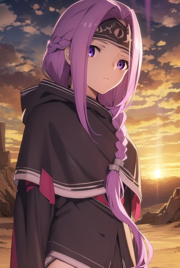 medusalily, <lora:medusa lily babylonia-lora-nochekaiser:1>,medusa lily, medusa \(fate\), long hair, (purple eyes:1.1), purple hair, sidelocks, braid, braided ponytail,BREAK thighhighs, gloves, black gloves, hood, (hood up:1.2), cape, capelet, cloak, black cape, black capelet, black cloak,BREAK outdoors, desert, oasis, sun, clouds,BREAK looking at viewer, (cowboy shot:1.5),BREAK <lyco:GoodHands-beta2:1>, (masterpiece:1.2), best quality, high resolution, unity 8k wallpaper, (illustration:0.8), (beautiful detailed eyes:1.6), extremely detailed face, perfect lighting, extremely detailed CG, (perfect hands, perfect anatomy),