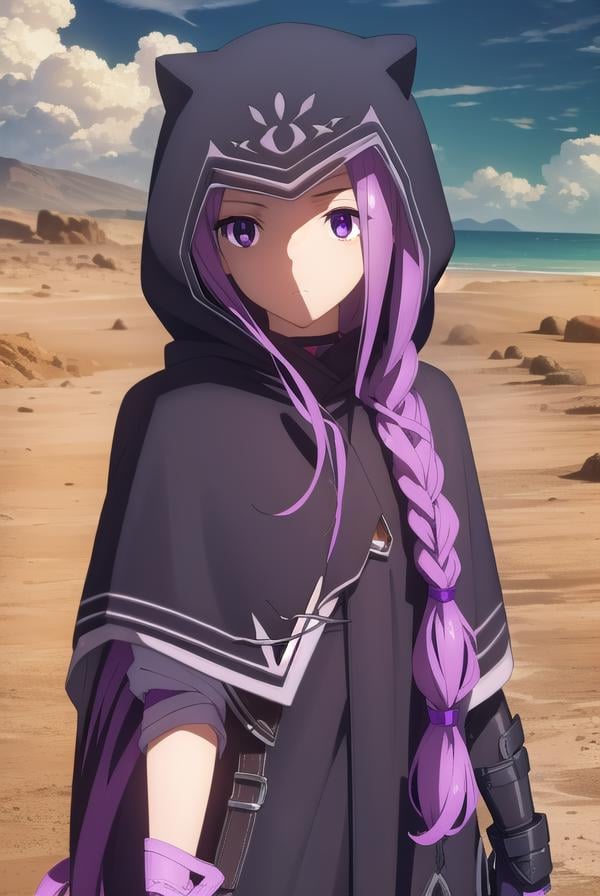 medusalily, <lora:medusa lily babylonia-lora-nochekaiser:1>,medusa lily, medusa \(fate\), long hair, (purple eyes:1.1), purple hair, sidelocks, braid, braided ponytail,BREAK thighhighs, gloves, black gloves, hood, (hood up:1.2), cape, capelet, cloak, black cape, black capelet, black cloak,BREAK outdoors, desert, oasis, sun, clouds,BREAK looking at viewer, (cowboy shot:1.5),BREAK <lyco:GoodHands-beta2:1>, (masterpiece:1.2), best quality, high resolution, unity 8k wallpaper, (illustration:0.8), (beautiful detailed eyes:1.6), extremely detailed face, perfect lighting, extremely detailed CG, (perfect hands, perfect anatomy),