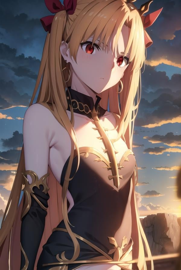 ereshkigal, <lora:ereshkigal babylonia-lora-nochekaiser:1>,ereshkigal, ereshkigal \(fate\), long hair, blonde hair, very long hair, two side up, tiara, (red eyes:1.3), ribbon, hair ribbon, red ribbon, (parted bangs:1.5),BREAK thighhighs, dress, jewelry, earrings, black dress, single thighhigh, asymmetrical legwear, uneven legwear, single sleeve, spine,BREAK outdoors, desert, sky, sun, clouds,BREAK looking at viewer, (cowboy shot:1.5),BREAK <lyco:GoodHands-beta2:1>, (masterpiece:1.2), best quality, high resolution, unity 8k wallpaper, (illustration:0.8), (beautiful detailed eyes:1.6), extremely detailed face, perfect lighting, extremely detailed CG, (perfect hands, perfect anatomy),