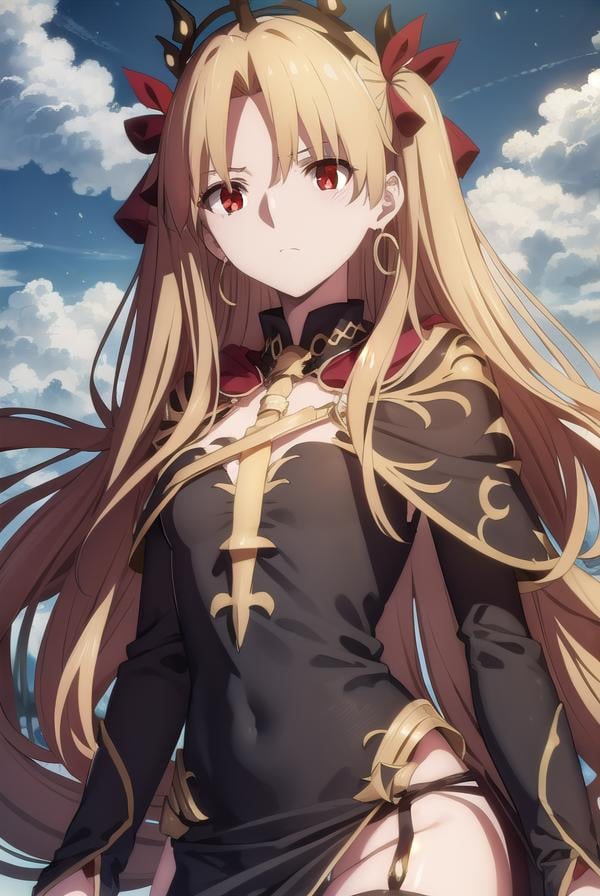 ereshkigal, <lora:ereshkigal babylonia-lora-nochekaiser:1>,ereshkigal, ereshkigal \(fate\), long hair, blonde hair, very long hair, two side up, tiara, (red eyes:1.3), ribbon, hair ribbon, red ribbon, (parted bangs:1.5),BREAK thighhighs, dress, jewelry, earrings, black dress, single thighhigh, asymmetrical legwear, uneven legwear, single sleeve, spine,BREAK outdoors, desert, sky, sun, clouds,BREAK looking at viewer, (cowboy shot:1.5),BREAK <lyco:GoodHands-beta2:1>, (masterpiece:1.2), best quality, high resolution, unity 8k wallpaper, (illustration:0.8), (beautiful detailed eyes:1.6), extremely detailed face, perfect lighting, extremely detailed CG, (perfect hands, perfect anatomy),