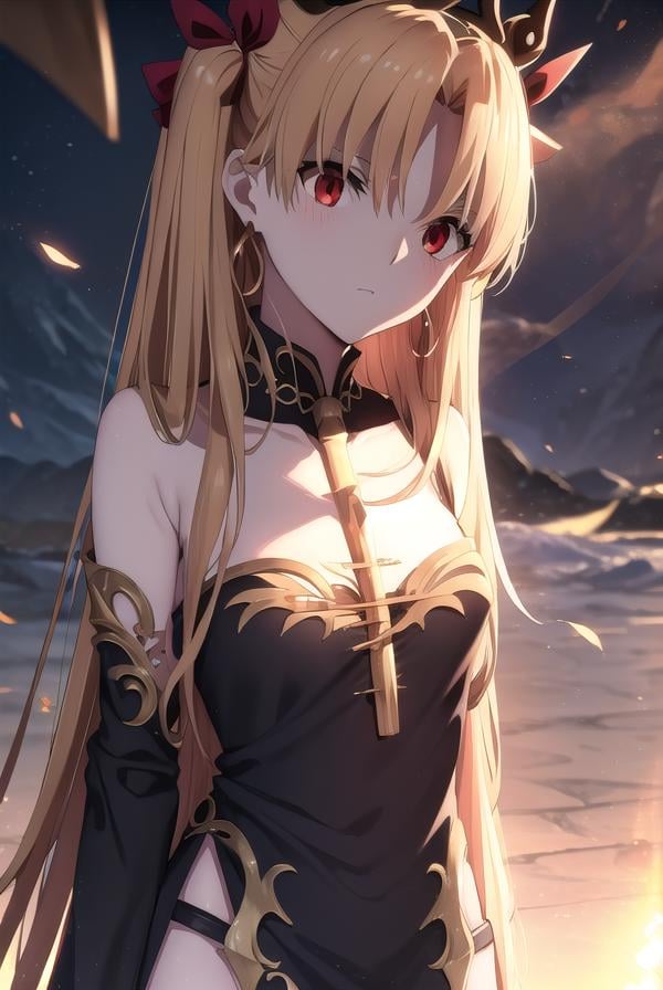 ereshkigal, <lora:ereshkigal babylonia-lora-nochekaiser:1>,ereshkigal, ereshkigal \(fate\), long hair, blonde hair, very long hair, two side up, tiara, (red eyes:1.3), ribbon, hair ribbon, red ribbon, (parted bangs:1.5),BREAK thighhighs, dress, jewelry, earrings, black dress, single thighhigh, asymmetrical legwear, uneven legwear, single sleeve, spine,BREAK outdoors, desert, sky, sun, clouds,BREAK looking at viewer, (cowboy shot:1.5),BREAK <lyco:GoodHands-beta2:1>, (masterpiece:1.2), best quality, high resolution, unity 8k wallpaper, (illustration:0.8), (beautiful detailed eyes:1.6), extremely detailed face, perfect lighting, extremely detailed CG, (perfect hands, perfect anatomy),