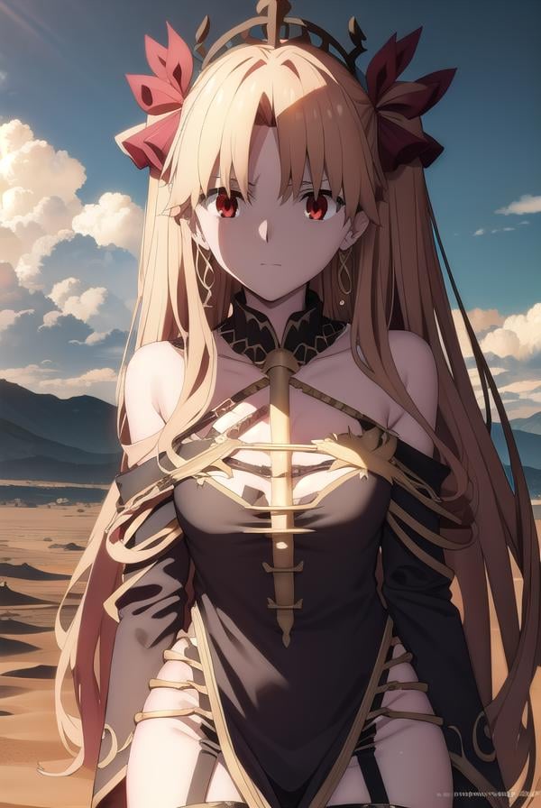 ereshkigal, <lora:ereshkigal babylonia-lora-nochekaiser:1>,ereshkigal, ereshkigal \(fate\), long hair, blonde hair, very long hair, two side up, tiara, (red eyes:1.3), ribbon, hair ribbon, red ribbon, (parted bangs:1.5),BREAK thighhighs, dress, jewelry, earrings, black dress, single thighhigh, asymmetrical legwear, uneven legwear, single sleeve, spine,BREAK outdoors, desert, sky, sun, clouds,BREAK looking at viewer, (cowboy shot:1.5),BREAK <lyco:GoodHands-beta2:1>, (masterpiece:1.2), best quality, high resolution, unity 8k wallpaper, (illustration:0.8), (beautiful detailed eyes:1.6), extremely detailed face, perfect lighting, extremely detailed CG, (perfect hands, perfect anatomy),