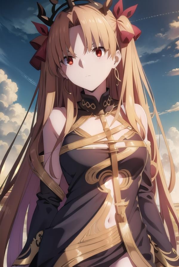 ereshkigal, <lora:ereshkigal babylonia-lora-nochekaiser:1>,ereshkigal, ereshkigal \(fate\), long hair, blonde hair, very long hair, two side up, tiara, (red eyes:1.3), ribbon, hair ribbon, red ribbon, (parted bangs:1.5),BREAK thighhighs, dress, jewelry, earrings, black dress, single thighhigh, asymmetrical legwear, uneven legwear, single sleeve, spine,BREAK outdoors, desert, sky, sun, clouds,BREAK looking at viewer, (cowboy shot:1.5),BREAK <lyco:GoodHands-beta2:1>, (masterpiece:1.2), best quality, high resolution, unity 8k wallpaper, (illustration:0.8), (beautiful detailed eyes:1.6), extremely detailed face, perfect lighting, extremely detailed CG, (perfect hands, perfect anatomy),