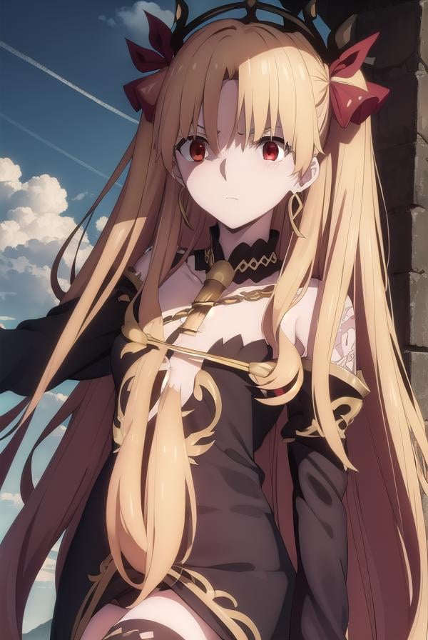 ereshkigal, <lora:ereshkigal babylonia-lora-nochekaiser:1>,ereshkigal, ereshkigal \(fate\), long hair, blonde hair, very long hair, two side up, tiara, (red eyes:1.3), ribbon, hair ribbon, red ribbon, (parted bangs:1.5),BREAK thighhighs, dress, jewelry, earrings, black dress, single thighhigh, asymmetrical legwear, uneven legwear, single sleeve, spine,BREAK outdoors, desert, sky, sun, clouds,BREAK looking at viewer, (cowboy shot:1.5),BREAK <lyco:GoodHands-beta2:1>, (masterpiece:1.2), best quality, high resolution, unity 8k wallpaper, (illustration:0.8), (beautiful detailed eyes:1.6), extremely detailed face, perfect lighting, extremely detailed CG, (perfect hands, perfect anatomy),