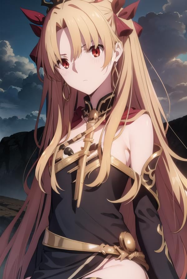 ereshkigal, <lora:ereshkigal babylonia-lora-nochekaiser:1>,ereshkigal, ereshkigal \(fate\), long hair, blonde hair, very long hair, two side up, tiara, (red eyes:1.3), ribbon, hair ribbon, red ribbon, (parted bangs:1.5),BREAK thighhighs, dress, jewelry, earrings, black dress, single thighhigh, asymmetrical legwear, uneven legwear, single sleeve, spine,BREAK outdoors, desert, sky, sun, clouds,BREAK looking at viewer, (cowboy shot:1.5),BREAK <lyco:GoodHands-beta2:1>, (masterpiece:1.2), best quality, high resolution, unity 8k wallpaper, (illustration:0.8), (beautiful detailed eyes:1.6), extremely detailed face, perfect lighting, extremely detailed CG, (perfect hands, perfect anatomy),