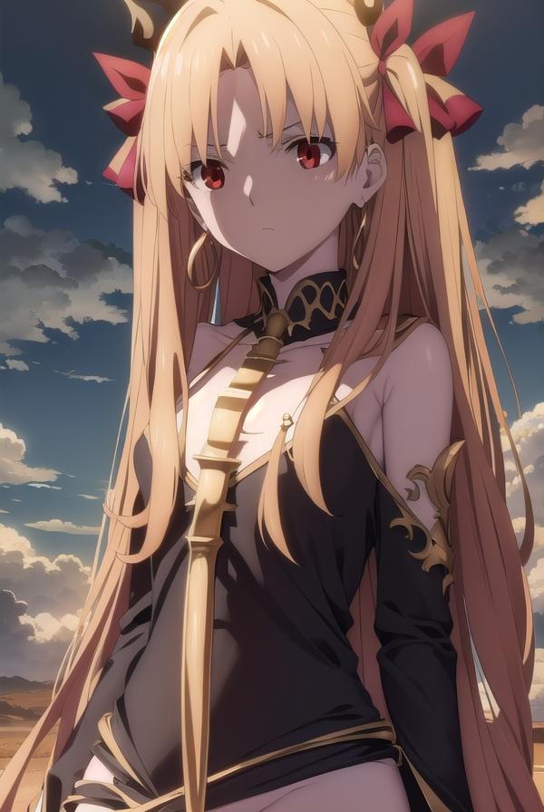 ereshkigal, <lora:ereshkigal babylonia-lora-nochekaiser:1>,ereshkigal, ereshkigal \(fate\), long hair, blonde hair, very long hair, two side up, tiara, (red eyes:1.3), ribbon, hair ribbon, red ribbon, (parted bangs:1.5),BREAK thighhighs, dress, jewelry, earrings, black dress, single thighhigh, asymmetrical legwear, uneven legwear, single sleeve, spine,BREAK outdoors, desert, sky, sun, clouds,BREAK looking at viewer, (cowboy shot:1.5),BREAK <lyco:GoodHands-beta2:1>, (masterpiece:1.2), best quality, high resolution, unity 8k wallpaper, (illustration:0.8), (beautiful detailed eyes:1.6), extremely detailed face, perfect lighting, extremely detailed CG, (perfect hands, perfect anatomy),