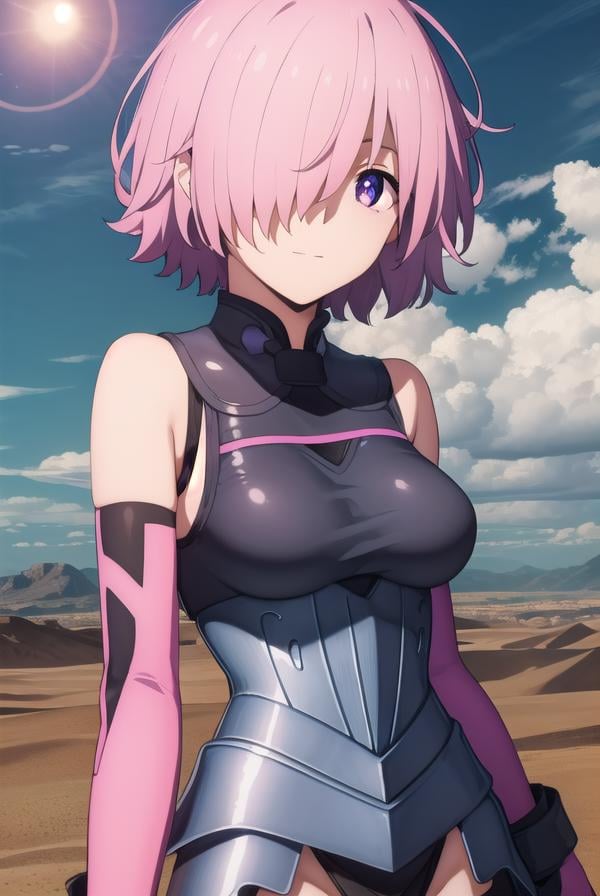 mashkyrielight, <lora:mash kyrielight babylonia-lora-nochekaiser:1>,mash kyrielight, short hair, (purple eyes:1.1), pink hair, (hair over one eye:1.5), smile,BREAK gloves, bare shoulders, elbow gloves, armor, black armor,BREAK outdoors, desert, sky, sun, clouds,BREAK looking at viewer, (cowboy shot:1.5),BREAK <lyco:GoodHands-beta2:1>, (masterpiece:1.2), best quality, high resolution, unity 8k wallpaper, (illustration:0.8), (beautiful detailed eyes:1.6), extremely detailed face, perfect lighting, extremely detailed CG, (perfect hands, perfect anatomy),