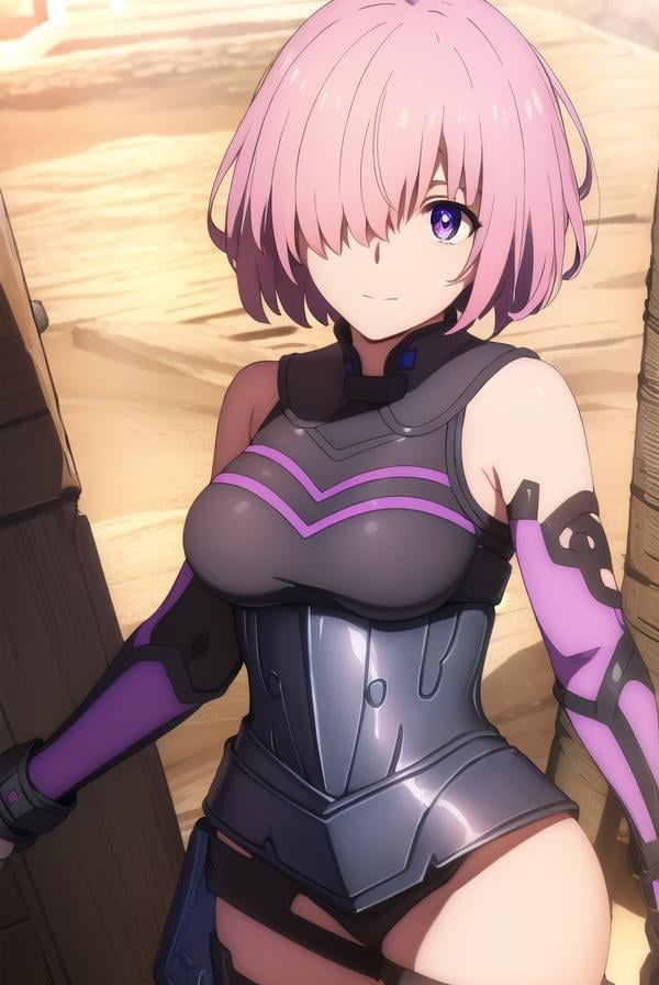 mashkyrielight, <lora:mash kyrielight babylonia-lora-nochekaiser:1>,mash kyrielight, short hair, (purple eyes:1.1), pink hair, (hair over one eye:1.5), smile,BREAK gloves, bare shoulders, elbow gloves, armor, black armor,BREAK outdoors, desert, sky, sun, clouds,BREAK looking at viewer, (cowboy shot:1.5),BREAK <lyco:GoodHands-beta2:1>, (masterpiece:1.2), best quality, high resolution, unity 8k wallpaper, (illustration:0.8), (beautiful detailed eyes:1.6), extremely detailed face, perfect lighting, extremely detailed CG, (perfect hands, perfect anatomy),