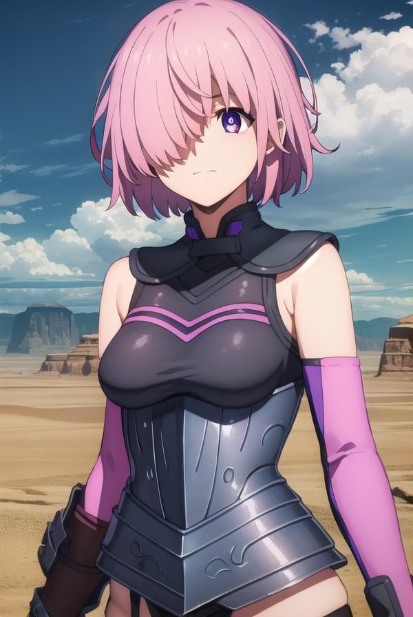 mashkyrielight, <lora:mash kyrielight babylonia-lora-nochekaiser:1>,mash kyrielight, short hair, (purple eyes:1.1), pink hair, (hair over one eye:1.5), smile,BREAK gloves, bare shoulders, elbow gloves, armor, black armor,BREAK outdoors, desert, sky, sun, clouds,BREAK looking at viewer, (cowboy shot:1.5),BREAK <lyco:GoodHands-beta2:1>, (masterpiece:1.2), best quality, high resolution, unity 8k wallpaper, (illustration:0.8), (beautiful detailed eyes:1.6), extremely detailed face, perfect lighting, extremely detailed CG, (perfect hands, perfect anatomy),