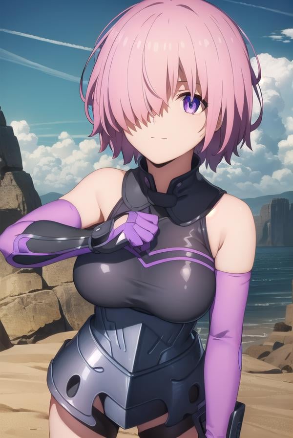 mashkyrielight, <lora:mash kyrielight babylonia-lora-nochekaiser:1>,mash kyrielight, short hair, (purple eyes:1.1), pink hair, (hair over one eye:1.5), smile,BREAK gloves, bare shoulders, elbow gloves, armor, black armor,BREAK outdoors, desert, sky, sun, clouds,BREAK looking at viewer, (cowboy shot:1.5),BREAK <lyco:GoodHands-beta2:1>, (masterpiece:1.2), best quality, high resolution, unity 8k wallpaper, (illustration:0.8), (beautiful detailed eyes:1.6), extremely detailed face, perfect lighting, extremely detailed CG, (perfect hands, perfect anatomy),