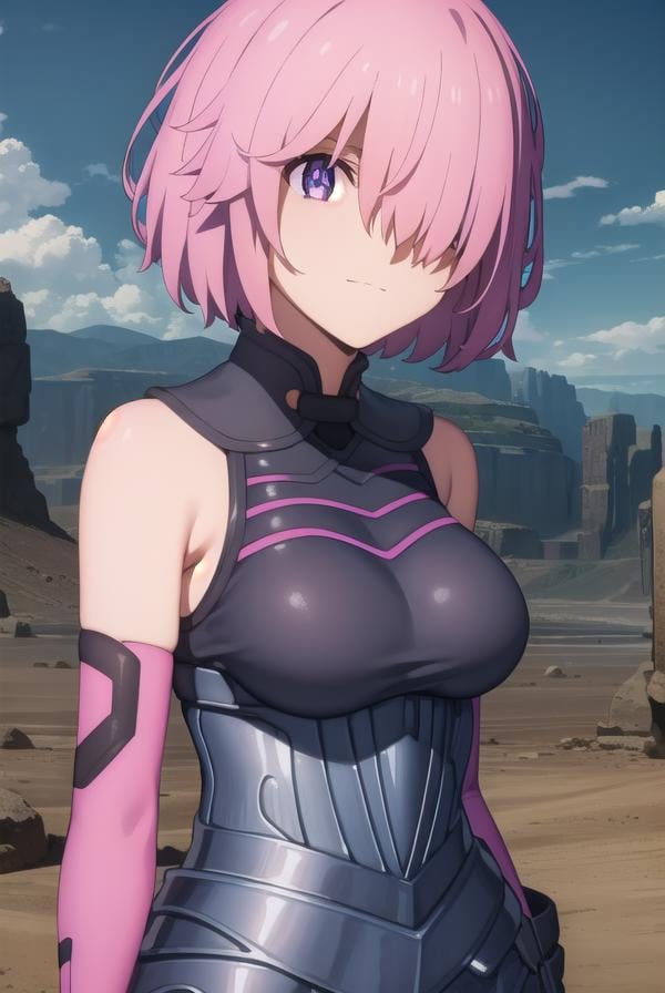 mashkyrielight, <lora:mash kyrielight babylonia-lora-nochekaiser:1>,mash kyrielight, short hair, (purple eyes:1.1), pink hair, (hair over one eye:1.5), smile,BREAK gloves, bare shoulders, elbow gloves, armor, black armor,BREAK outdoors, desert, sky, sun, clouds,BREAK looking at viewer, (cowboy shot:1.5),BREAK <lyco:GoodHands-beta2:1>, (masterpiece:1.2), best quality, high resolution, unity 8k wallpaper, (illustration:0.8), (beautiful detailed eyes:1.6), extremely detailed face, perfect lighting, extremely detailed CG, (perfect hands, perfect anatomy),