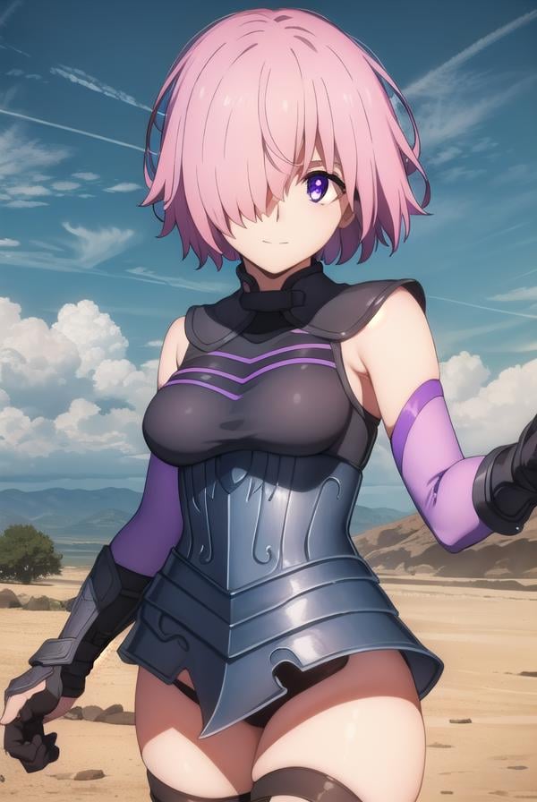 mashkyrielight, <lora:mash kyrielight babylonia-lora-nochekaiser:1>,mash kyrielight, short hair, (purple eyes:1.1), pink hair, (hair over one eye:1.5), smile,BREAK gloves, bare shoulders, elbow gloves, armor, black armor,BREAK outdoors, desert, sky, sun, clouds,BREAK looking at viewer, (cowboy shot:1.5),BREAK <lyco:GoodHands-beta2:1>, (masterpiece:1.2), best quality, high resolution, unity 8k wallpaper, (illustration:0.8), (beautiful detailed eyes:1.6), extremely detailed face, perfect lighting, extremely detailed CG, (perfect hands, perfect anatomy),