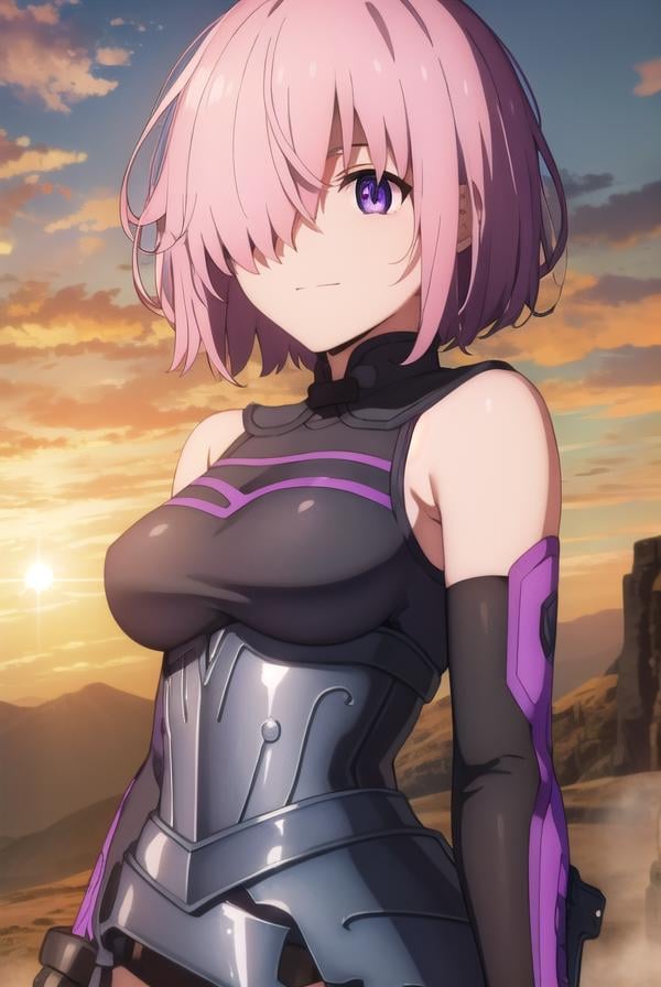 mashkyrielight, <lora:mash kyrielight babylonia-lora-nochekaiser:1>,mash kyrielight, short hair, (purple eyes:1.1), pink hair, (hair over one eye:1.5), smile,BREAK gloves, bare shoulders, elbow gloves, armor, black armor,BREAK outdoors, desert, sky, sun, clouds,BREAK looking at viewer, (cowboy shot:1.5),BREAK <lyco:GoodHands-beta2:1>, (masterpiece:1.2), best quality, high resolution, unity 8k wallpaper, (illustration:0.8), (beautiful detailed eyes:1.6), extremely detailed face, perfect lighting, extremely detailed CG, (perfect hands, perfect anatomy),