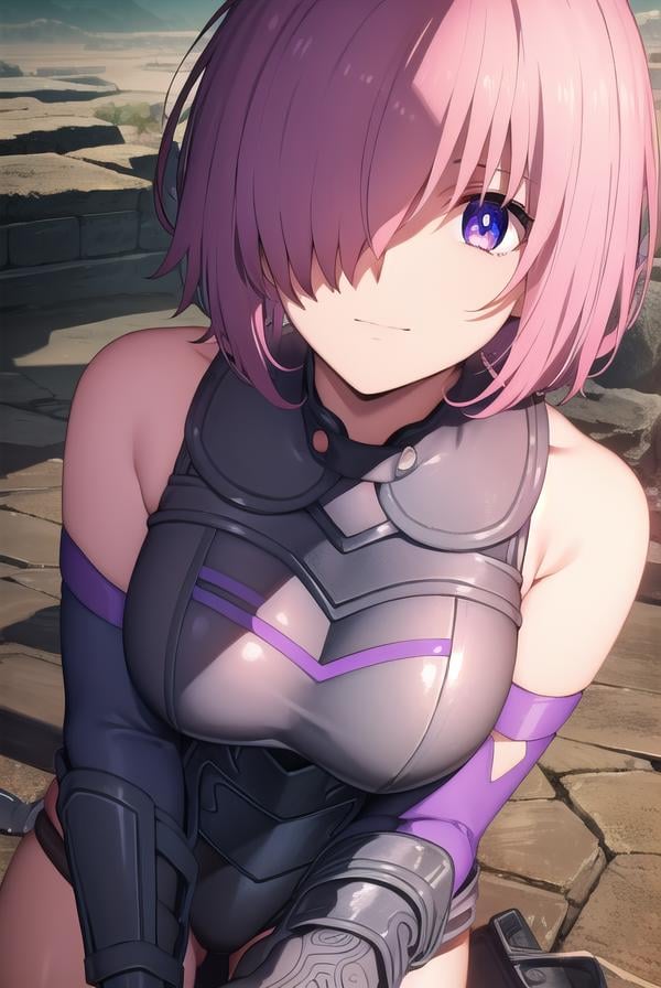 mashkyrielight, <lora:mash kyrielight babylonia-lora-nochekaiser:1>,mash kyrielight, short hair, (purple eyes:1.1), pink hair, (hair over one eye:1.5), smile,BREAK gloves, bare shoulders, elbow gloves, armor, black armor,BREAK outdoors, desert, sky, sun, clouds,BREAK looking at viewer, (cowboy shot:1.5),BREAK <lyco:GoodHands-beta2:1>, (masterpiece:1.2), best quality, high resolution, unity 8k wallpaper, (illustration:0.8), (beautiful detailed eyes:1.6), extremely detailed face, perfect lighting, extremely detailed CG, (perfect hands, perfect anatomy),