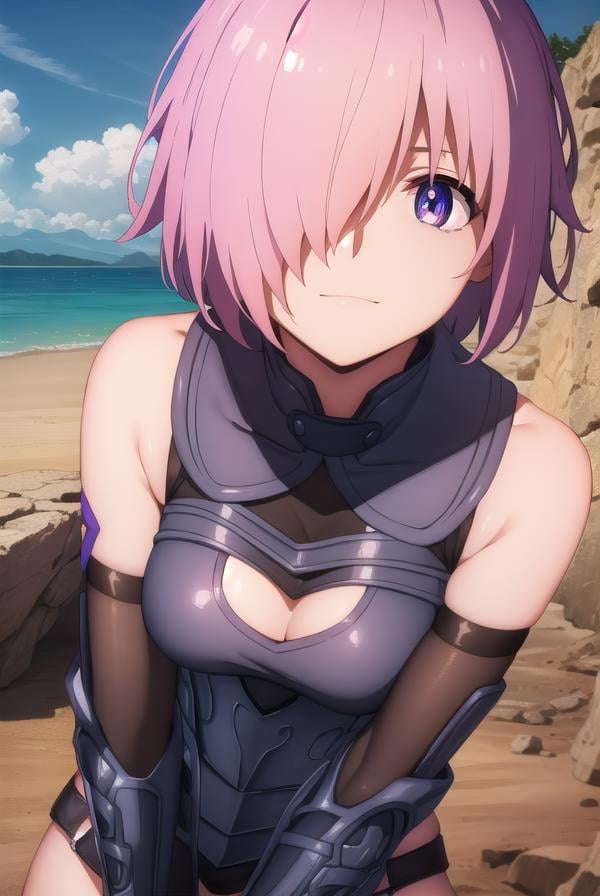 mashkyrielight, <lora:mash kyrielight babylonia-lora-nochekaiser:1>,mash kyrielight, short hair, (purple eyes:1.1), pink hair, (hair over one eye:1.5), smile,BREAK gloves, bare shoulders, elbow gloves, armor, black armor,BREAK outdoors, desert, sky, sun, clouds,BREAK looking at viewer, (cowboy shot:1.5),BREAK <lyco:GoodHands-beta2:1>, (masterpiece:1.2), best quality, high resolution, unity 8k wallpaper, (illustration:0.8), (beautiful detailed eyes:1.6), extremely detailed face, perfect lighting, extremely detailed CG, (perfect hands, perfect anatomy),