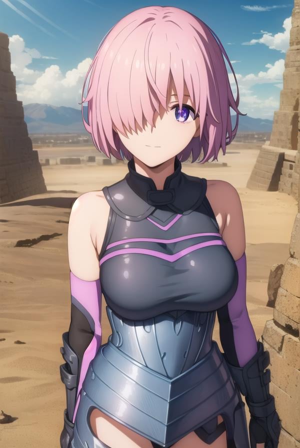 mashkyrielight, <lora:mash kyrielight babylonia-lora-nochekaiser:1>,mash kyrielight, short hair, (purple eyes:1.1), pink hair, (hair over one eye:1.5), smile,BREAK gloves, bare shoulders, elbow gloves, armor, black armor,BREAK outdoors, desert, sky, sun, clouds,BREAK looking at viewer, (cowboy shot:1.5),BREAK <lyco:GoodHands-beta2:1>, (masterpiece:1.2), best quality, high resolution, unity 8k wallpaper, (illustration:0.8), (beautiful detailed eyes:1.6), extremely detailed face, perfect lighting, extremely detailed CG, (perfect hands, perfect anatomy),