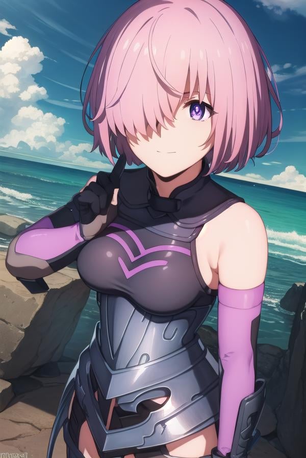 mashkyrielight, <lora:mash kyrielight babylonia-lora-nochekaiser:1>,mash kyrielight, short hair, (purple eyes:1.1), pink hair, (hair over one eye:1.5), smile,BREAK gloves, bare shoulders, elbow gloves, armor, black armor,BREAK outdoors, desert, sky, sun, clouds,BREAK looking at viewer, (cowboy shot:1.5),BREAK <lyco:GoodHands-beta2:1>, (masterpiece:1.2), best quality, high resolution, unity 8k wallpaper, (illustration:0.8), (beautiful detailed eyes:1.6), extremely detailed face, perfect lighting, extremely detailed CG, (perfect hands, perfect anatomy),