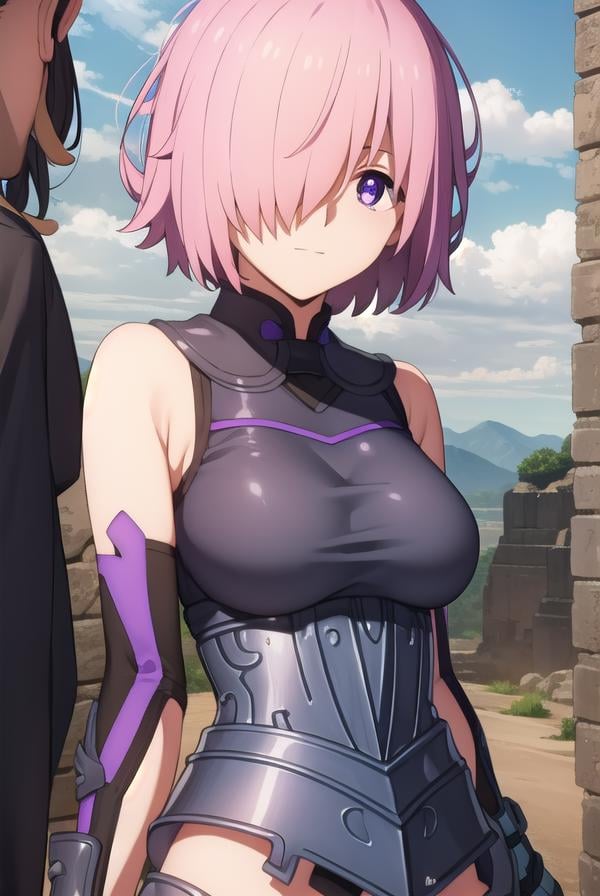 mashkyrielight, <lora:mash kyrielight babylonia-lora-nochekaiser:1>,mash kyrielight, short hair, (purple eyes:1.1), pink hair, (hair over one eye:1.5), smile,BREAK gloves, bare shoulders, elbow gloves, armor, black armor,BREAK outdoors, desert, sky, sun, clouds,BREAK looking at viewer, (cowboy shot:1.5),BREAK <lyco:GoodHands-beta2:1>, (masterpiece:1.2), best quality, high resolution, unity 8k wallpaper, (illustration:0.8), (beautiful detailed eyes:1.6), extremely detailed face, perfect lighting, extremely detailed CG, (perfect hands, perfect anatomy),