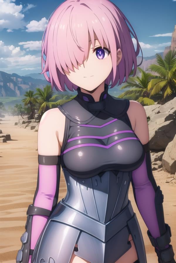 mashkyrielight, <lora:mash kyrielight babylonia-lora-nochekaiser:1>,mash kyrielight, short hair, (purple eyes:1.1), pink hair, (hair over one eye:1.5), smile,BREAK gloves, bare shoulders, elbow gloves, armor, black armor,BREAK outdoors, desert, sky, sun, clouds,BREAK looking at viewer, (cowboy shot:1.5),BREAK <lyco:GoodHands-beta2:1>, (masterpiece:1.2), best quality, high resolution, unity 8k wallpaper, (illustration:0.8), (beautiful detailed eyes:1.6), extremely detailed face, perfect lighting, extremely detailed CG, (perfect hands, perfect anatomy),