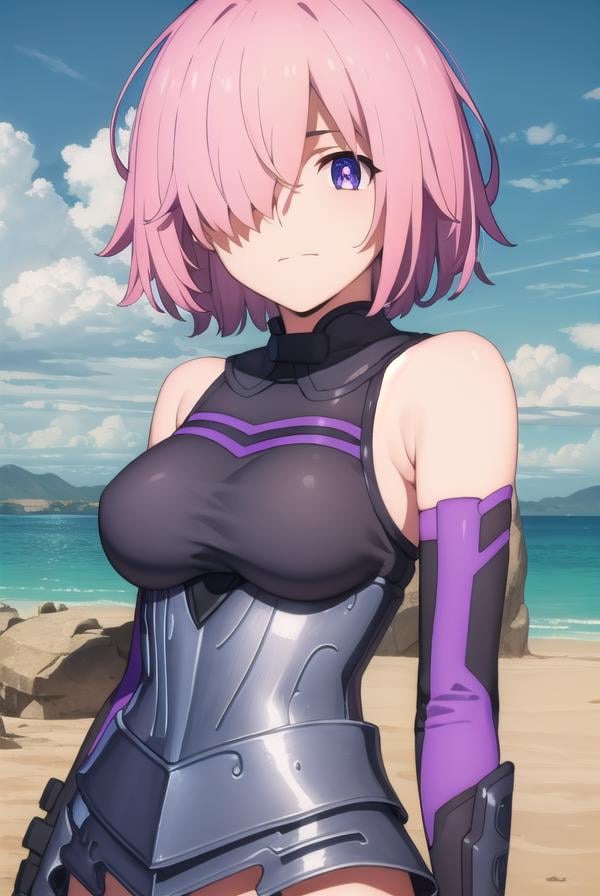 mashkyrielight, <lora:mash kyrielight babylonia-lora-nochekaiser:1>,mash kyrielight, short hair, (purple eyes:1.1), pink hair, (hair over one eye:1.5), smile,BREAK gloves, bare shoulders, elbow gloves, armor, black armor,BREAK outdoors, desert, sky, sun, clouds,BREAK looking at viewer, (cowboy shot:1.5),BREAK <lyco:GoodHands-beta2:1>, (masterpiece:1.2), best quality, high resolution, unity 8k wallpaper, (illustration:0.8), (beautiful detailed eyes:1.6), extremely detailed face, perfect lighting, extremely detailed CG, (perfect hands, perfect anatomy),