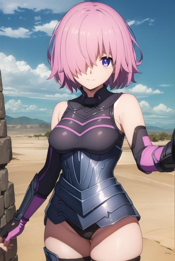 mashkyrielight, <lora:mash kyrielight babylonia-lora-nochekaiser:1>,mash kyrielight, short hair, (purple eyes:1.1), pink hair, (hair over one eye:1.5), smile,BREAK gloves, bare shoulders, elbow gloves, armor, black armor,BREAK outdoors, desert, sky, sun, clouds,BREAK looking at viewer, (cowboy shot:1.5),BREAK <lyco:GoodHands-beta2:1>, (masterpiece:1.2), best quality, high resolution, unity 8k wallpaper, (illustration:0.8), (beautiful detailed eyes:1.6), extremely detailed face, perfect lighting, extremely detailed CG, (perfect hands, perfect anatomy),