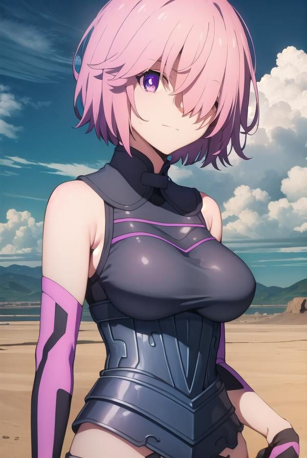 mashkyrielight, <lora:mash kyrielight babylonia-lora-nochekaiser:1>,mash kyrielight, short hair, (purple eyes:1.1), pink hair, (hair over one eye:1.5), smile,BREAK gloves, bare shoulders, elbow gloves, armor, black armor,BREAK outdoors, desert, sky, sun, clouds,BREAK looking at viewer, (cowboy shot:1.5),BREAK <lyco:GoodHands-beta2:1>, (masterpiece:1.2), best quality, high resolution, unity 8k wallpaper, (illustration:0.8), (beautiful detailed eyes:1.6), extremely detailed face, perfect lighting, extremely detailed CG, (perfect hands, perfect anatomy),