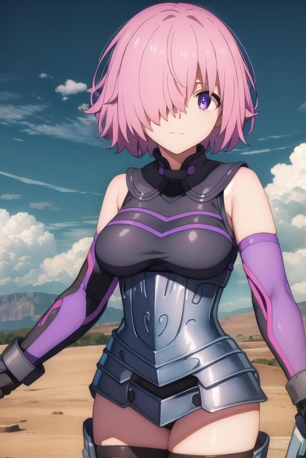 mashkyrielight, <lora:mash kyrielight babylonia-lora-nochekaiser:1>,mash kyrielight, short hair, (purple eyes:1.1), pink hair, (hair over one eye:1.5), smile,BREAK gloves, bare shoulders, elbow gloves, armor, black armor,BREAK outdoors, desert, sky, sun, clouds,BREAK looking at viewer, (cowboy shot:1.5),BREAK <lyco:GoodHands-beta2:1>, (masterpiece:1.2), best quality, high resolution, unity 8k wallpaper, (illustration:0.8), (beautiful detailed eyes:1.6), extremely detailed face, perfect lighting, extremely detailed CG, (perfect hands, perfect anatomy),