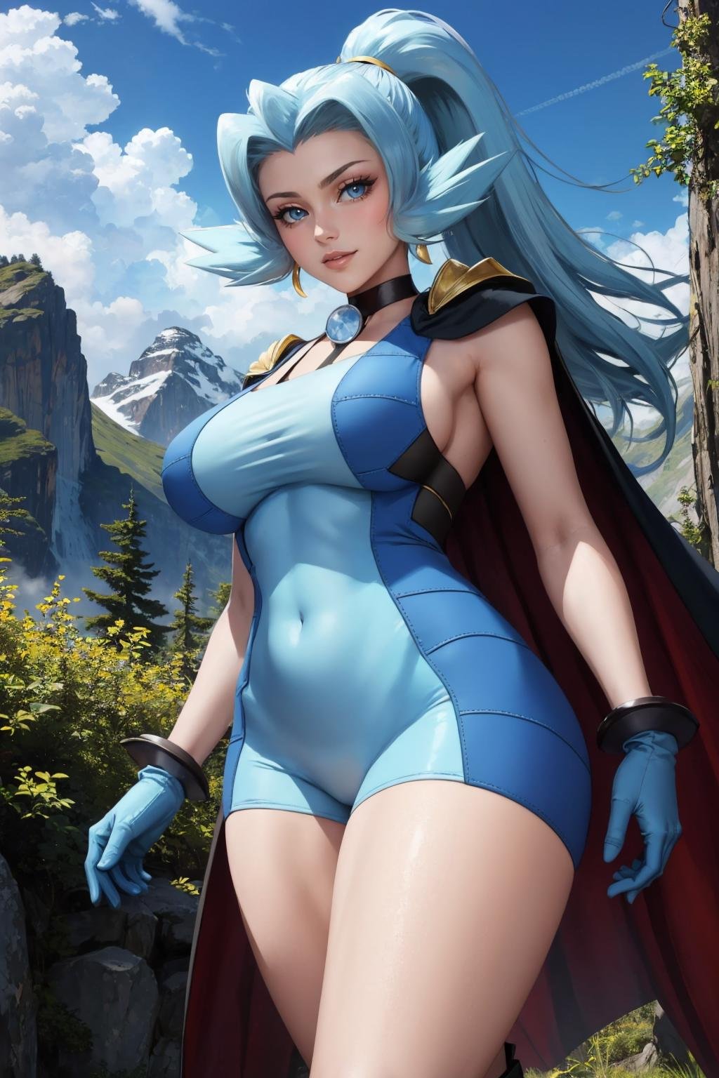 masterpiece, best quality,  <lora:pkmnclair-nvwls-v1-000009:0.9> pkmnClair, ponytail, earrings, choker, cape, blue bodysuit, blue gloves, bracelets, large breasts, blue boots, from below, sky, clouds, alpine forest, looking at viewer, light smile, standing, whole body, thick thighs