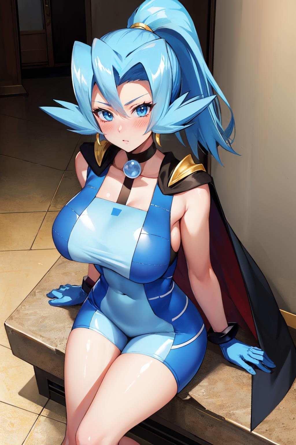 masterpiece, best quality,  <lora:pkmnclair-nvwls-v1-000009:0.9> pkmnClair, ponytail, earrings, choker, cape, blue bodysuit, blue gloves, bracelets, huge breasts, from above, blush, looking at viewer, indoors, hallway