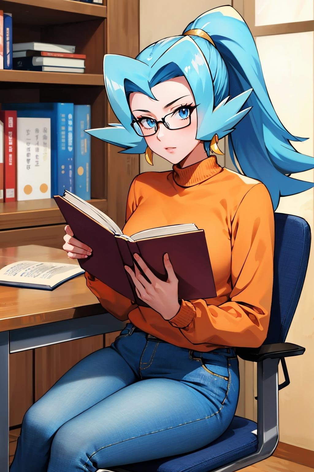 masterpiece, best quality,  <lora:pkmnclair-nvwls-v1-000009:0.9> pkmnClair, ponytail, earrings, orange sweater, jeans, sitting, glasses, reading a book, table, desk, looking at viewer, indoors
