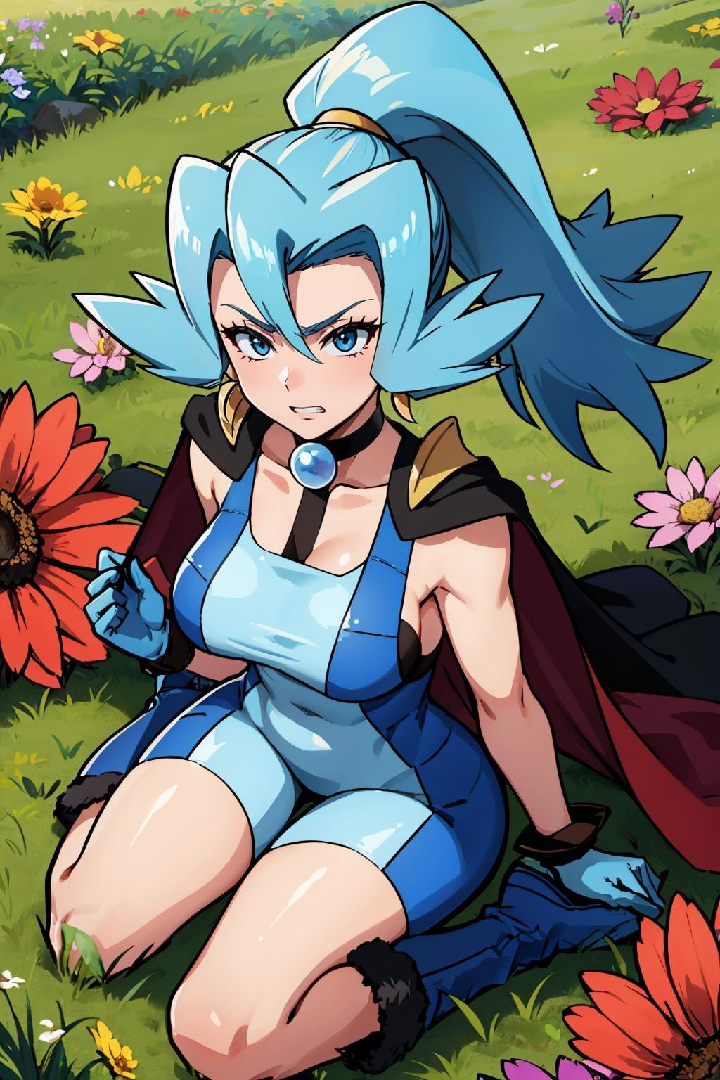 masterpiece, best quality,  <lora:pkmnclair-nvwls-v1-000009:0.9> pkmnClair, ponytail, earrings, choker, cape, blue bodysuit, blue gloves, bracelets, large breasts, blue boots, field, flowers, wariza, from above, furrowed brow, clenched teeth