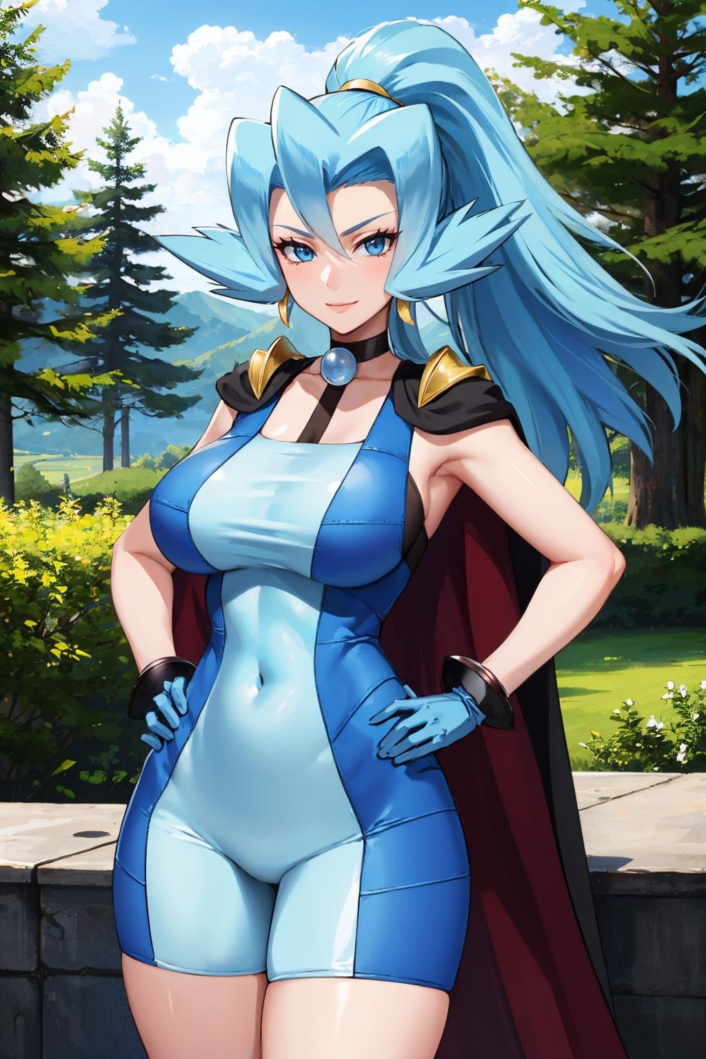 masterpiece, best quality,  <lora:pkmnclair-nvwls-v1-000009:0.9> pkmnClair, ponytail, earrings, choker, cape, blue bodysuit, blue gloves, bracelets, cowboy shot, looking at viewer, furrowed brow, smile, large breasts, smile, mature female, village, pine trees, hands to hips