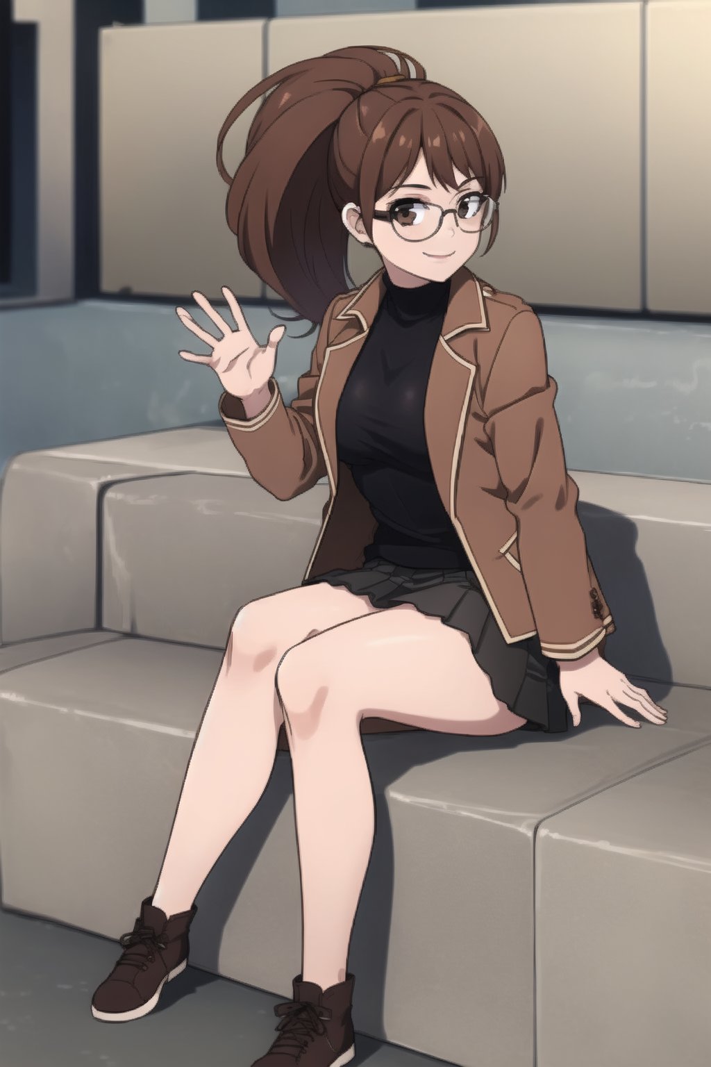 beautiful, masterpiece, best quality, extremely detailed face, masterpiece, 1girl, solo female, looking at viewer, descensored, 1woman, best quality, ultra-detailed, long hair, wole body, full body, brown hair, glasses, short skirt, ponytail, in a parck, sitting, medium breasts, smile, long brown jacket, waving, HD quality, 